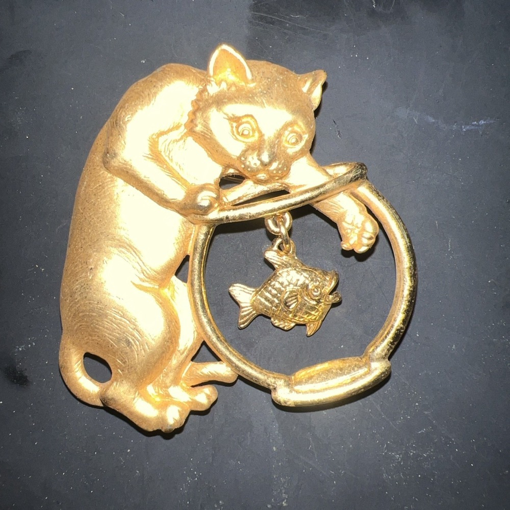 Vintage JJ Jonette Cat with Paw Fish Bowl Pin Brooch Gold Tone Jewelry Signe J32